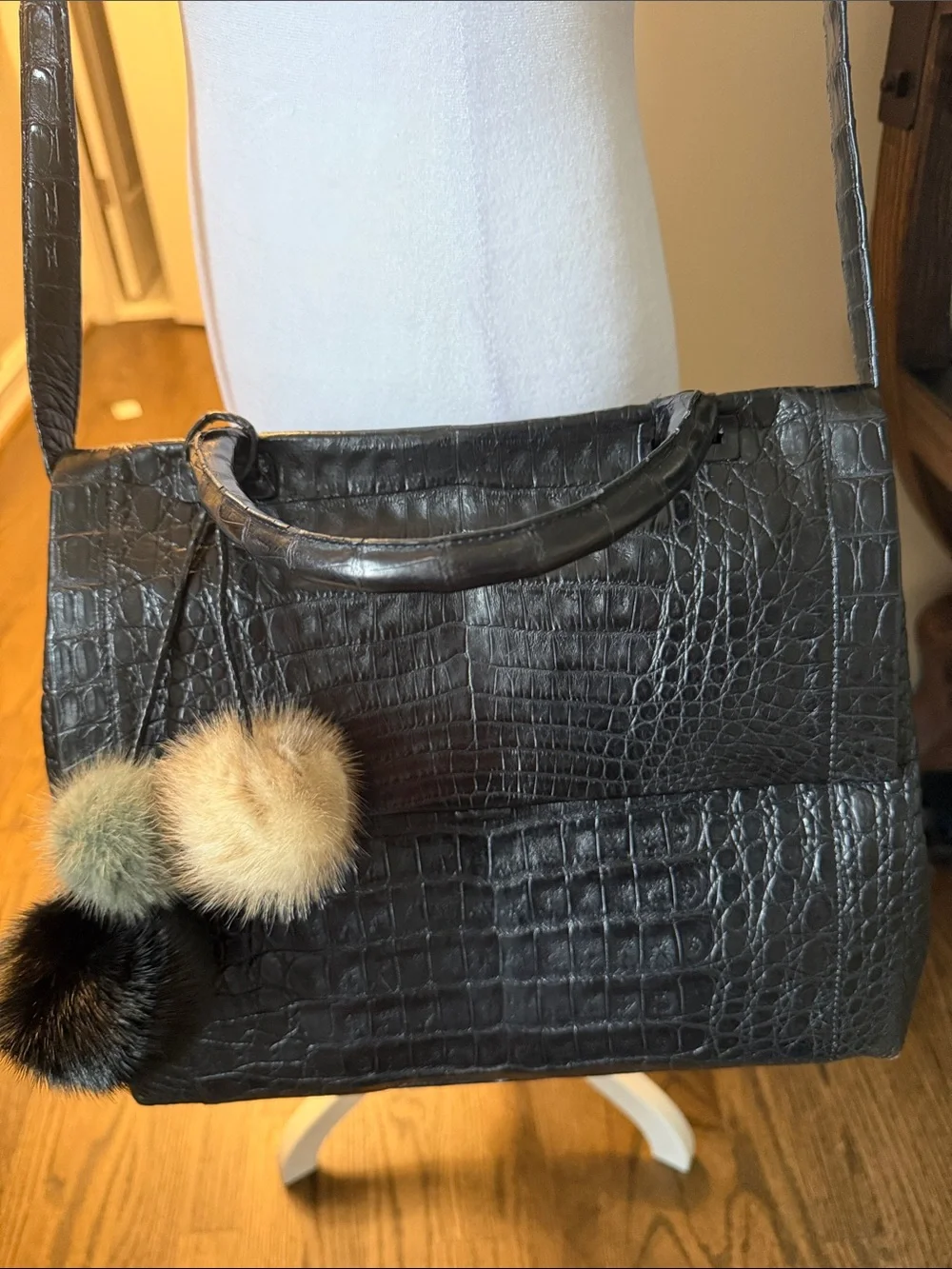 Nancy Gonzalez Black Croc-Embossed Satchel with Multicolor Mink Pom Pom Charms